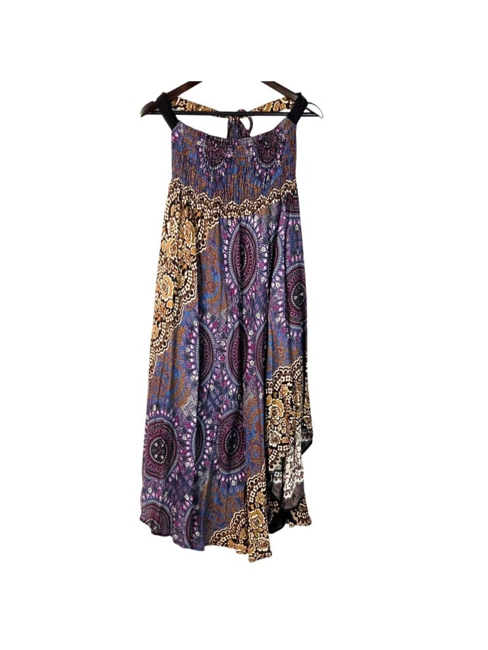Lanna Bohemian Boho 70s Style Printed Smocked Halter Beach Midi Dress Size L/XL